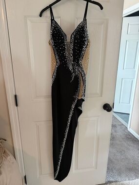 Fashion Nova Black & Nude Rhinestone Asymmetrical Gown Sexy High Formal Bodycon